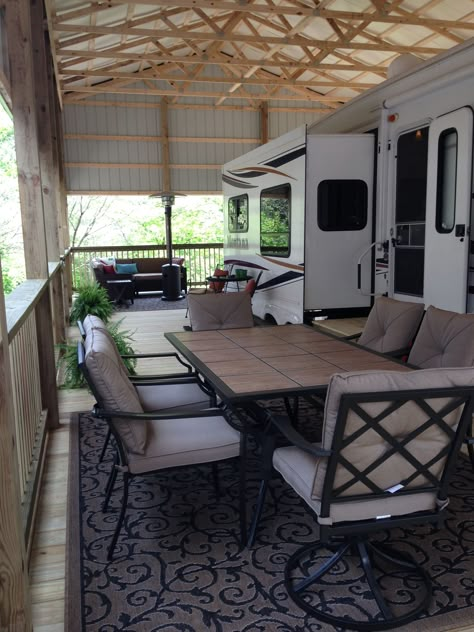 RV Patio Ideas – Patio is a great place to hang out with your family members and friends....  #campsite #travel trailers #decks #outdoor #5thwheels #portable #lights #diy #simple #awesome Rv Patio Ideas, Trailer Patio, Porch For Camper, Rv Deck, Rv Shelter, Campsite Decorating, Trailer Deck, Rv Carports, Rv Patio