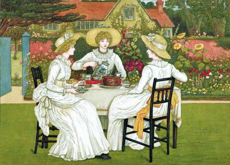 Afternoon Tea, 1886. Chromolithograph after Kate Greenaway. If you're looking for finger sandwiches, dainty desserts and formality, afternoon tea is your cup. National Tea Day, English Tea Time, Victorian Tea Party, Kate Greenaway, Tea Illustration, Jig Saw, English Tea, Tea Art, High Tea