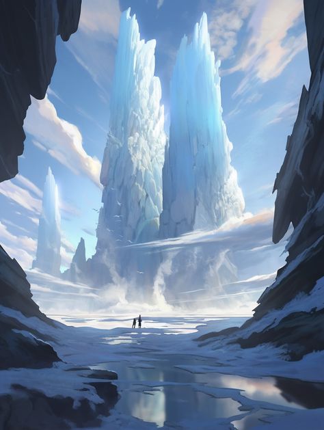 Snowy Landscape Fantasy Art, Icy Landscape Art, Fantasy Rocky Landscape, Cold Fantasy Art, Fantasy Snowy Mountains, Ice Landscape Fantasy Art, Fantasy Snowy Landscape, Snowy Landscape Art, Snowy Character Design