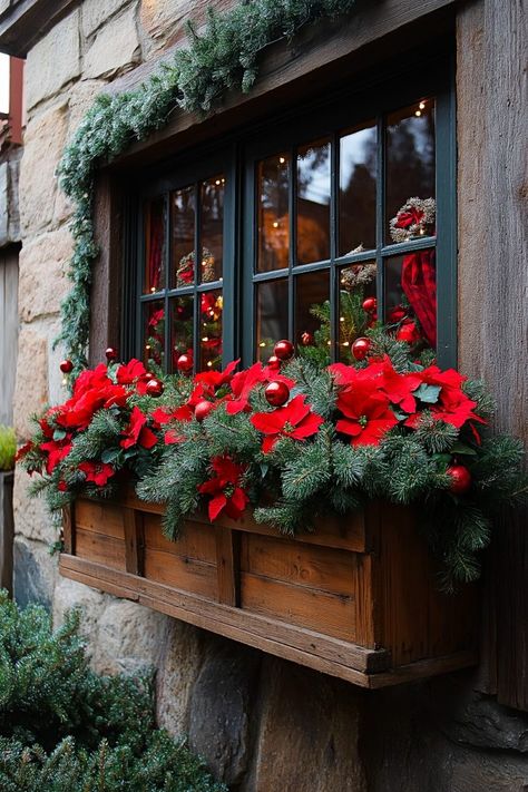 Bay Window Christmas Wreath, Christmas Window Boxes With Lights, Christmas Outside Window Decorations, Christmas Storefront Window Display, Soup Soiree, Xmas Window Display Ideas, Balcony Winter, Window Boxes Ideas, Storefront Windows