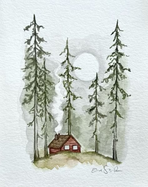 Folklore Watercolor Painting, Mountain Scene Watercolor, Simple Nature Watercolor, Watercolor Painting For Boyfriend, Camping Watercolor Painting, Watercolor Inspo Aesthetic, Watercolor Landscape Art, Fun Watercolor Paintings, Creative Watercolor Paintings Ideas