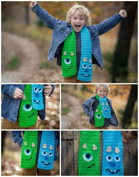 Crochet Monsters Inc. Scarf (No pattern, just photo). #crochet #boycrochet Crochet Kids Scarf Measurements, Crochet Accessories For Boys, Crochet Scarf For Kids, Santa Scarf, Crochet Braids For Kids, Crochet Unicorn Hat, Crochet Kids Scarf, Crochet Scarf Easy, Crochet Baby Cocoon