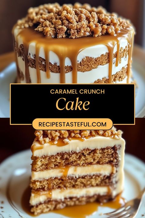 Indulge in this decadent Caramel Crunch Cake, featuring layers of moist cake, rich caramel sauce, and a delightful crunch topping. Perfect for celebrations or a sweet treat at home! Caramel Crunch Cake Recipe, Caramel Crunch Cake, Crunch Cake Recipe, Spelt Recipes, Crunch Topping, Caramel Crunch, Crunch Cake, Toffee Bits, Moist Cake