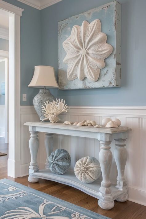 29 Coastal Entryway Ideas for a Breezy First Impression Coastal Theme Interior, Sea Inspired Room, Coastal Cottage Interior, Coastal Entryway Ideas, Beach House Bungalow, Beach Bathroom Design, Beach House Decor Diy, Diy Coastal Decor, Coastal Entryway