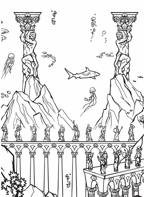 Build a Poster Coloring Book--Atlantis Atlantis Underwater, Journey To Atlantis, Building Tattoo, Underwater Tattoo, Dover Publications, Under The Sea Theme, Sea Colour, Printable Coloring Sheets, Sewing Design