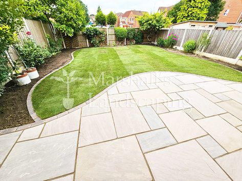 Wrenthorpe, Wakefield (Garden Landscaping Project 160) Curved Patio Ideas, Dog Garden Ideas, Landscaping Makeover, Curved Patio, Limestone Paving, Sandstone Paving, Dog Garden, Rear Extension, Lawn Edging