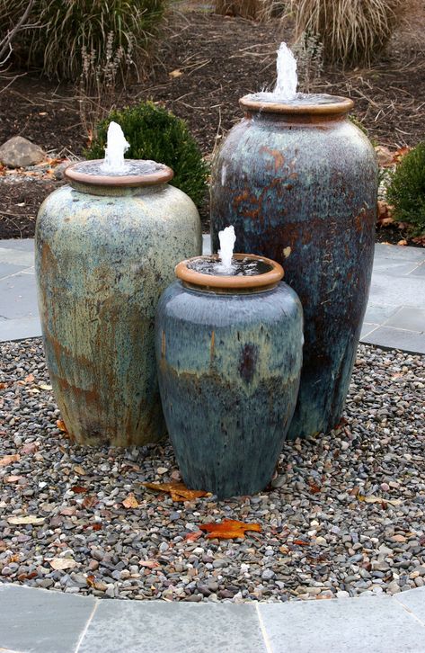 Colorful Fountain Urns - Transitional - Landscape - DC Metro - by Through The Garden, Inc. | Houzz Garden Roof, Lamp Planters, Budget Landscaping, Outdoor Vases, Concrete Leaves, Garden Water Features, Yard Garden Ideas, Garden Totem, Diy Water Fountain