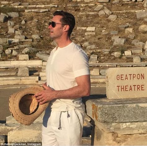 Hugh or Hercules? Hugh Jackman showed off his very athletic figure as he posed at an ancient amphitheatre on the Greek island of Delos on Saturday Hugh Jackman Logan, Love And Gelato, Wolverine Hugh Jackman, Mens Life, Its A Mans World, Practically Perfect, Luke Evans, The Fault In Our Stars, Hugh Jackman