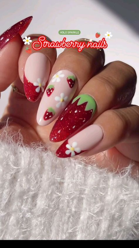 Nails Design Strawberry, Preppy Nails Design, Strawberry Nails Ideas, Strawberry Nail Art Design, Jelly Strawberry Nails, Nails Strawberry Design, Nail Inspo Strawberry, Jelly Nail Art Designs, Strawberry Design Nails