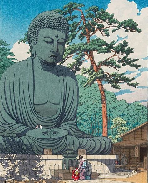 Ukiyo-e artists used symmetry to create a beautiful sense of harmony.⁠ We see in this Hasui print, the great Buddha and the tree almost… Japanese Images, Buda Wallpaper, Shin Hanga, Kawase Hasui, Art Buddha, Art Chinois, Japanese Drawings, Japanese Art Prints, Japanese Artwork