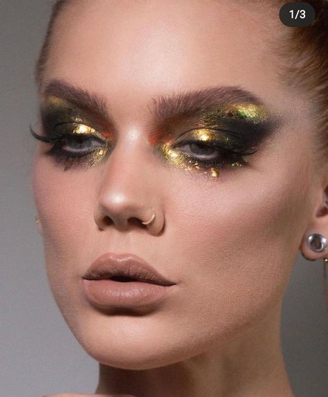 Chromatic Makeup Look, Gold Makeup Halloween, Chrome Flakes Makeup, Danessa Myricks Makeup Looks, Gold Inspired Makeup, Chrome Eye Makeup, Chrome Makeup Look, Danessa Myricks Makeup, Gold Glam Makeup