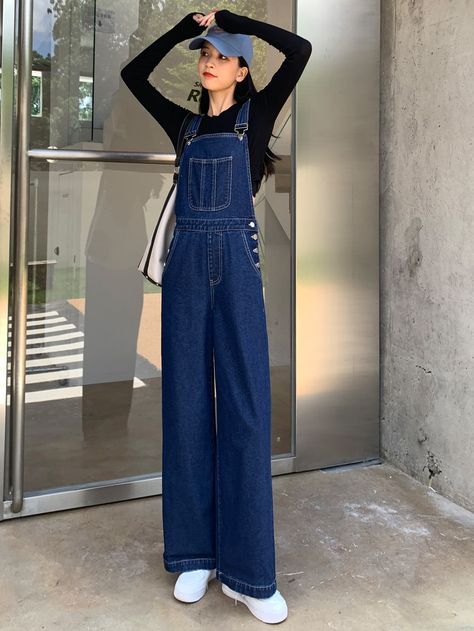 Dark Wash Preppy Collar Sleeveless Denim Plain Overall Embellished Non-Stretch  Women Denim Jumpsuits For Women Denim, Ootd Jumpsuit Jeans, Overall Denim Outfits, Jeans Romper Outfit, Jean Jumper Outfit Denim, Overall Jeans Outfit, Jumper Outfit Denim, Jumpsuit Outfit Denim, Jean Jumper Outfit