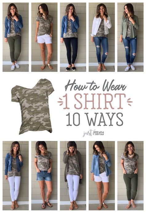 How to Wear 1 Camo Shirt 10 Different Ways - This camp shirt is so affordable and easy to dress up, dress down and style in so many different ways! Perfect camo tee for spring or summer and for a capsule wardrobe. Camo Shirt Outfit, Camp Shirts, Yoga Iyengar, Camo Tee, Camo Shirts, Looks Black, Vinyasa Yoga, Rock Revival, Spring Summer Outfits