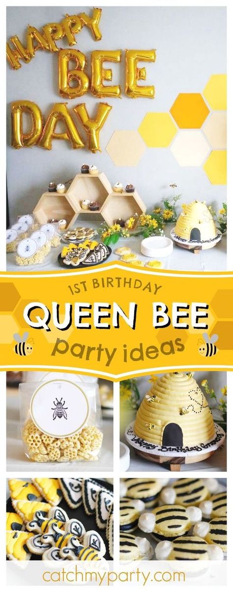 Check out this awesome Queen Bee themed 1st birthday party! The bee hive birthday cake and the bee cookies are wonderful!! See more party ideas and share yours at CatchMyParty.com #catchmyparyy #partyideas #queenbee #1stbirthdayparty Bee Themed Birthday, Bee Themed Birthday Party, Bumble Bee Birthday, Bee Theme Party, Themed 1st Birthday, Bee Birthday Party, Bee Party, First Birthday Party Themes