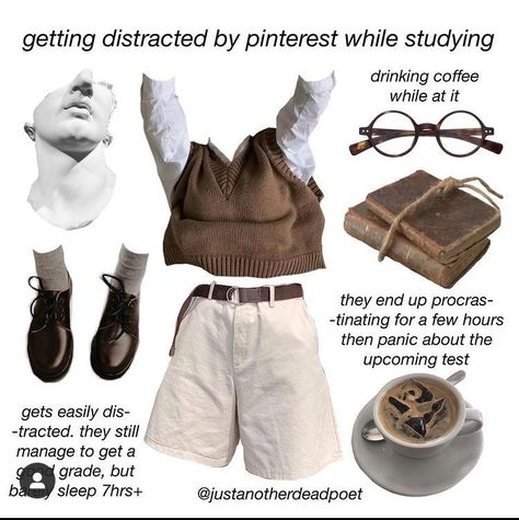 Science Student Aesthetic Outfit, Light Academia Starter Pack, Chaotic Aesthetic Outfits, Dark Academia Starter Pack, Writer Outfits Aesthetic, Chaotic Academia Aesthetic Outfit, Chaotic Academia Outfits, Niche Boards, Study Coffee