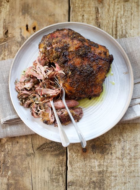 Slow-barbecued Lamb Shoulder | The British Larder Lamb Shoulder Slow Cooker, Lamb Shoulder Chops Recipes Grilled, Boneless Lamb Shoulder Roast, Bbq Lamb Shoulder, The Green Egg, Cucumber Yogurt Salad, Slow Roasted Lamb Shoulder, Bbq Lamb, Homemade Flatbread