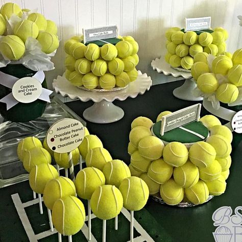 Part of a #tennis themed #cakeball display! #cakepops #cake #dessert #iowa Tennis Cake Pops, Tennis Birthday Party Decorations, Tennis Ball Cake Pops, Tennis Party Food, Tennis Desserts, Tennis Banquet Ideas, Tennis Theme Cake, Tennis Centerpieces, Tennis Party Ideas