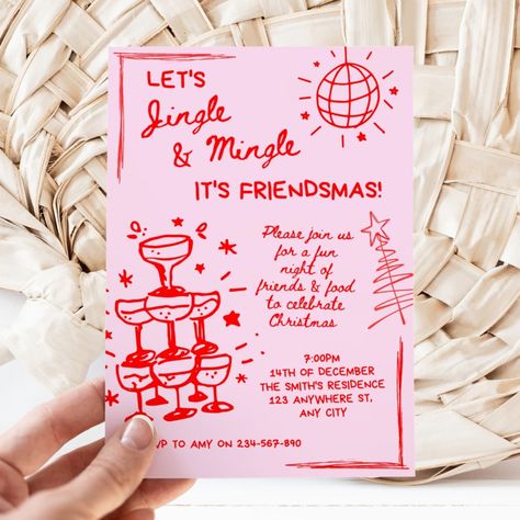 Hand drawn Christmas party invitation template.🎅🩷 Let's jingle and mingle, it's time for a friendsmas party! Hand drawn party invitations are totally a vibe! Pink Christmas is on trend this year! Christmas is here, celebrate your pinkmas family Christmas dinner or pink Friendsmas with this scribble Christmas drawing invitation template! This pink and red Christmas party invite set is easy to edit, ready for your upcoming Christmas cocktails or Christmas girls night in. Whether you are ce... Holiday Party With Friends, Christmas Girls Party Ideas, Pink Friendsmas Party Ideas, Jingle Mingle Party Ideas, Holiday Invite Design, Xmas Girls Night, Girlsmas Party Ideas, Girls Christmas Dinner Party, Girly Christmas Party Ideas