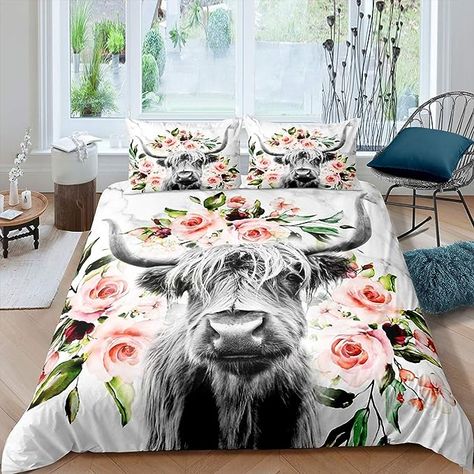 Cattle Bedding, Cow Quilt, Marble Bed, Floral Print Bedding, Flower Duvet Cover, Theme Beds, Flower Duvet, Highland Cow Print, Set Bedroom