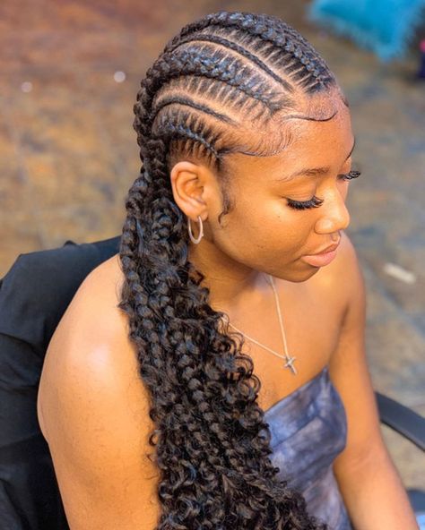 Bohemian Stitch Braids Cornrows, Godess Cornrows Braids, Corn Row Styles For Black Women, Feed In Braids With Curly Ends, Straight Back Boho Cornrows, Cornrows Braids With Curls, Boho Feed In Braids Cornrows, Goddess Feed In Braids, Cornrow With Curls