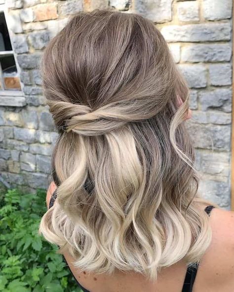 Bridal Hair Half Up Medium, Bridesmaid Hair Half Up Short, Bridesmaid Hair Medium Length Half Up, Bridesmaid Hair Half Up Medium, Half Up Half Down Short Hair, Blonde Bun, Curled Hairstyles For Medium Hair, Bridal Hair Half Up, Medium Length Blonde Hair