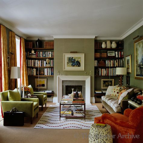 William Yeoward ~ The living room has walls covered in pale green silk and furniture and soft furnishings in William Yeoward's distinctive fabrics English Country Living Room, Cotswold House, Ikea Units, Victorian Dressers, Farrow & Ball, Casa Country, London Flat, London House, Victorian Terrace