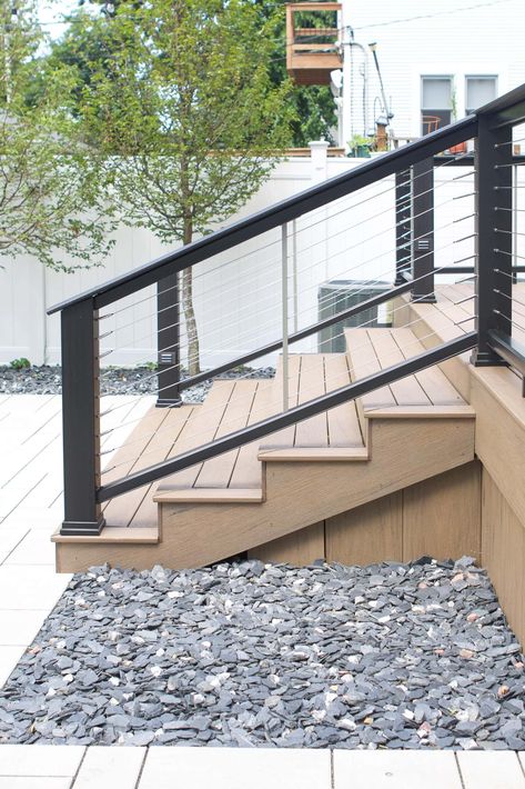 Outdoor Deck Stairs Ideas, Exterior Deck Stairs, Metal Railing For Deck, Timbertech Deck Stairs, Trex Deck Biscayne, Beach House Deck Ideas, Modern Farmhouse Deck Ideas, Deck Size Guide, Deck Stairs To Patio