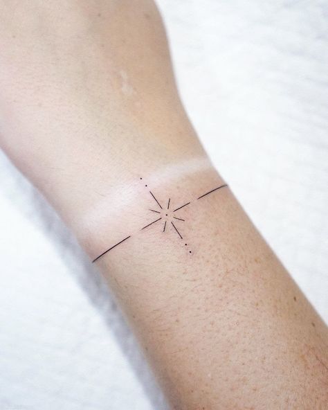 Bracelet Fine Line Tattoo, Fine Line Bracelet Tattoos For Women, Star Bracelet Tattoo, Fine Line Bracelet Tattoo, Line Bracelet Tattoo, Tattoos Pulseras, Arm Cuff Tattoo, Virgo Bracelet, Anklet Tattoos For Women