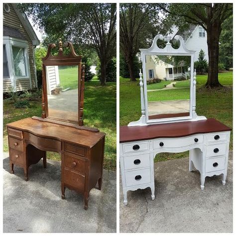 Refinished Makeup Vanity, Antique Vanity Makeover Diy, Refinishing Vanity Makeup, Refurbished Vintage Vanity, Vintage Makeup Vanity Makeover, Old Makeup Vanity, Antique Makeup Vanity Makeover, Makeup Vanity Makeover Diy, Vintage Vanity Ideas