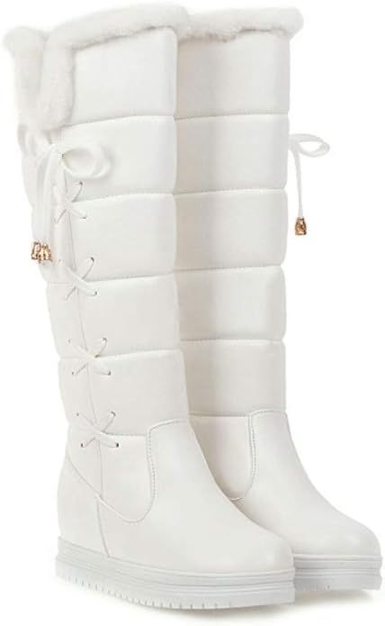 Amazon.com | CYBLING Women's Winter Warm Knee High Down Snow Boots Waterproof Cross-Tied Hidden Wedges Platform Boots White 9 | Knee-High Platform Boots White, Snow Boots Waterproof, Thick Calves, Knee High Boots Winter, Pu Boots, Boots White, Boots Waterproof, Boot Types, Womens Knee High Boots