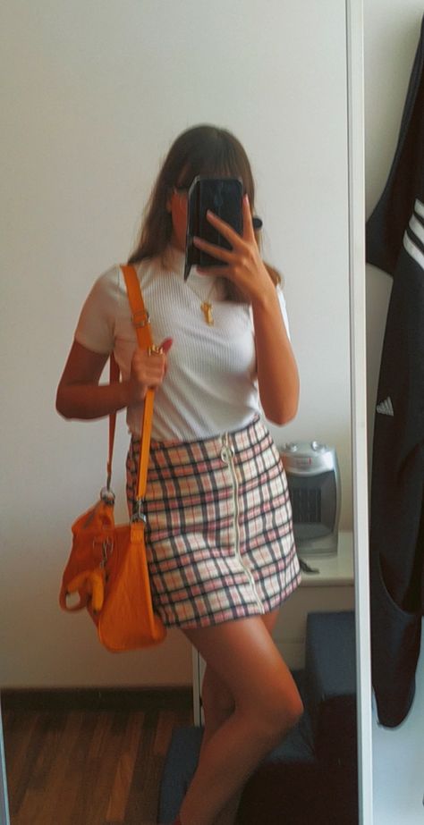 checker red and black skirt, white top, orange purse Classy Aesthetic Outfit, Black Skirt White Top, Red And Black Skirt, Orange Purse, Classy Aesthetic, Skirt White, Aesthetic Outfit, Black Skirt, White Top