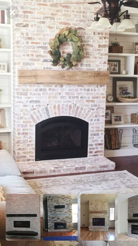 Cypress Point Brick Fireplace, Vaulted Fireplace Wall Brick, Brick Veneer Fireplace Wall, Distressed Fireplace Brick, Timeless Brick Fireplace, Brick Fireplace With Hearth And Mantle, Light Colored Brick Fireplace, White Wash Brown Brick Fireplace, Brick Facade Fireplace