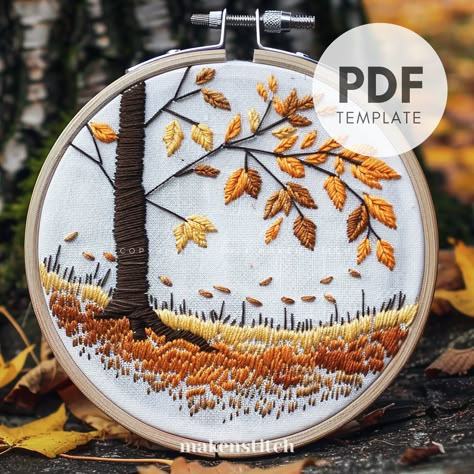 Capture the essence of fall with this Autumn Tree Hand Embroidery Pattern! Featuring a beautifully detailed tree with vibrant autumn leaves, this pattern is perfect for all skill levels.  Ideal for seasonal décor! PLEASE NOTE: *  This is NOT a complete pattern - Only the template is provided. An image of the finished design is included for inspiration. * The pattern does NOT include step-by-step instructions, stitch guides, or color codes. *  This is a digital download, you will receive no physi Hand Embroidery Tree, Autumn Embroidery Patterns, Autumn Leaves Embroidery, Tree Hand Embroidery, Tree Embroidery Pattern, Embroidery Trees, Embroidery Hacks, Tree Embroidery Design, Autumn Embroidery