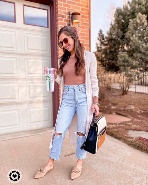 Suede mules, distressed high rise ankle jeans, beige bodysuit, cream cardigan winter style fashion outfit inspiration Brown Mules Outfit Summer, Mule Shoes Outfit Fall, Cream Mules Shoes Outfit, Tan Mules Shoes Outfit, Brown Mule Outfit, Cream Mules Outfit, Jeans With Mules Outfit, Steve Madden Mules Outfit, Beige Mules Outfit