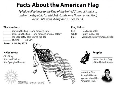 Facts About the American Flag - Free, downloadable worksheet from Simple Solutions - Perfect for Flag Day! American Flag Facts, American Flag Meaning, American Flag History, Flag Etiquette, Cub Scouts Bear, American Heritage Girls, History Worksheets, Flag Coloring Pages, United States History