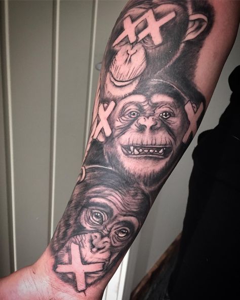 Animal Theme Tattoo, Ape Shall Not Kill Ape Tattoo, Monkeys Tattoo, Ape Tattoos For Men, 3 Wise Monkeys Tattoo, Monkey Tattoo Design, Calf Sleeve Tattoo, Arm Tattoos Black, Arm Tattoos For Guys Forearm