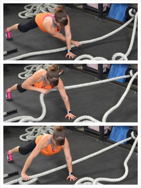 battle-rope-lateral-plank-pull Battle Rope Workout, Redefining Strength, Spartacus Workout, Rope Exercises, Rope Pulls, Strengthen Your Core, Battle Ropes, Kickboxing Workout, Morning Workout