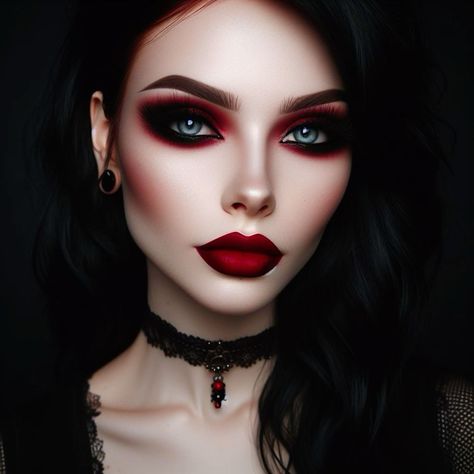 Red Black Halloween Makeup, Vampire Makeup Looks Tutorial, Red And Black Vampire Makeup, Makeup For Black And Red Dress, Diy Vampire Makeup Women, Goth Glam Makeup Tutorial, Masquerade Make Up, Black And Red Smokey Eye Makeup, Woman Vampire Makeup