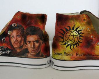 Supernatural Shoes, Supernatural Merch, Shoe Customs, Painted Shoes Ideas, Supernatural Inspired Outfits, Supernatural Tshirt, Supernatural Merchandise, Supernatural Tattoo, Shoe Painting