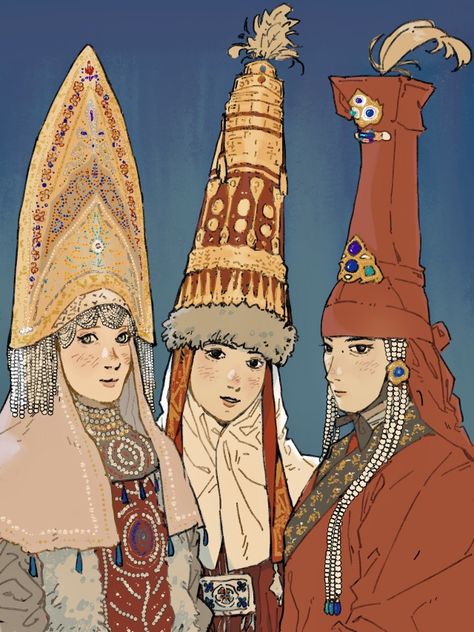 Slavic Headdress, Mongolia Steppe, Russian Character Design, Kazakhstan Clothes, Steppe Culture, Kazakh Clothing, Kazakh Art, Russian Headdress, Russian Kokoshnik