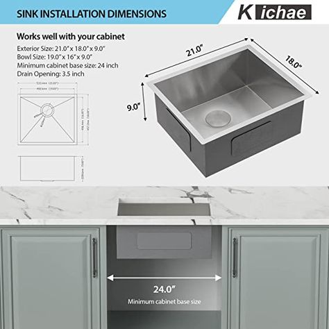 Kichae 21"x 18" Drop In Single Bowl Kitchen Sink 18-Gauge Stainless Steel Undermount Handmade Modern Kitchen Sink with Accessories Bottom Grid Roll Up Dish Drying Rack - - Amazon.com Sink Undermount, Modern Kitchen Sinks, Rv Kitchen, Single Bowl Kitchen Sink, Bar Sink, Undermount Kitchen Sinks, Dish Rack Drying, Handmade Kitchens, Handmade Modern