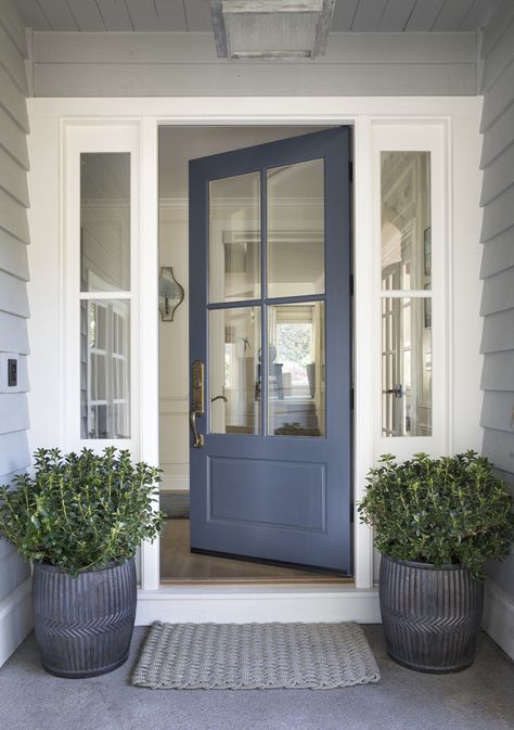 Kathleen Burke Design Orinda Update Coastal Home Entrance, French Blue Door, Colored Doors On Houses, Coastal Front Door Colors, External Doors Entrance, Colourful Front Doors, Taupe Front Door, Blue Doors Front Entrance, Provia Doors