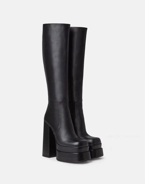 Square Toed Boots, Versace Boots, Knee High Platform Boots, Dr Shoes, Catty Noir, Black Platform Boots, Square Toe Boots, Fancy Shoes, Toe Boots