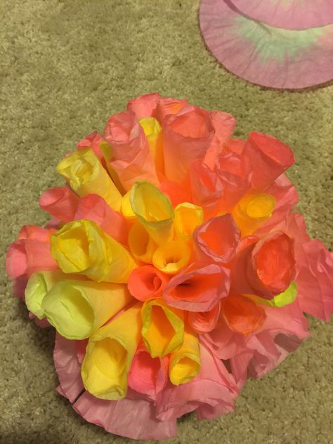 Coral made out of coffee filters :) Diy Coral Reef Decorations Tissue Paper, Coral Reef Coffee Filters, Tissue Paper Coral Reef, Coral Reef Pool Noodles Diy, Coffee Filter Coral Reef Diy, Submerged Vbs Decorations, Coffee Filter Coral, Deep Sea Discovery Vbs, Surf Shack Vbs