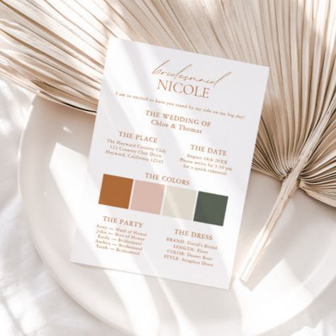 $2.92 | Modern Elegant Color Palette Bridesmaid Info Card - bridesmaid proposal ideas, bridesmaid box, bridesmaid info, modern bridesmaid cards, minimalist bridesmaid cards, editable bridesmaid cards, customizable bridal party info, bridal party info card, elegant bridesmaid cards, terracotta color palette Bridesmaid Info Card, Dream Wedding Ceremony, Wedding Color Themes, Elegant Color Palette, Minimalist Bride, Bridesmaid Colors, Be My Bridesmaid Cards, Bridesmaid Box, Elegant Typography