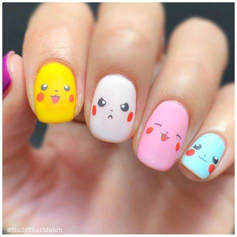 Pikachu Nails, Beginner Nail Designs, Emoji Nails, Cartoon Nail Designs, Kids Nail Designs, Girls Nail Designs, Kids Nails, Nails Kids