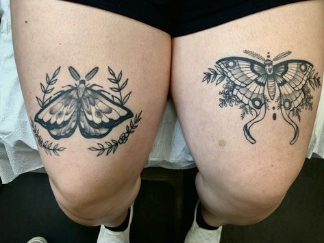 Visit us on Facebook and Instagram at: https://www.facebook.com/roseville.emeraldtattoo https://www.instagram.com/emeraldtattooroseville/ Moth With Plants Tattoo, Moth Tattoo Closed Wings, Spooky Moth Tattoo, Moth Above Knee Tattoo, Traditional Moth Tattoo Black, Moth Tattoo Above Knee, Moth Tattoo Thigh, Moth Thigh Tattoo, Butterfly And Moth Tattoo