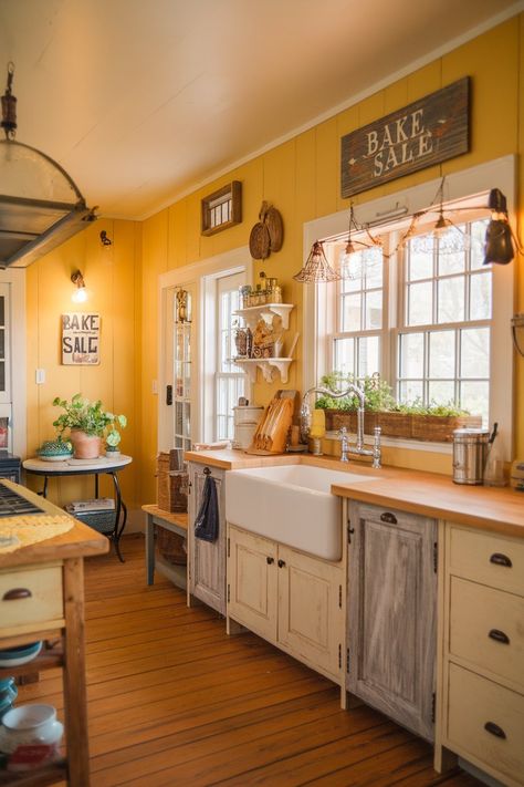 Painted Ceiling In Kitchen, Paint Ideas For Kitchen Walls, Teal And Yellow Kitchen, Yellow Walls Kitchen, Kitchen With Yellow Walls, Yellow And Red Kitchen, Yellow Kitchen Aesthetic, Butter Yellow Kitchen, Yellow Farmhouse Kitchen