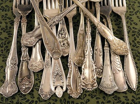 Food Photography Props - Antique Flatware Forks. These Vintage Silver Plated pieces are craft grade with plenty of wear, plate loss and patina as shown. Please use Etsys excellent Zoom feature to see Photo Closeups of our hi-res photos. All these forks are true antiques (over 100 years old). Choice Cutlery Photography, Antique Flatware, Silverware Crafts, Forks Design, Vintage Forks, Antique Spoons, Food Photography Props, Silverplate Flatware, Antique Silverware