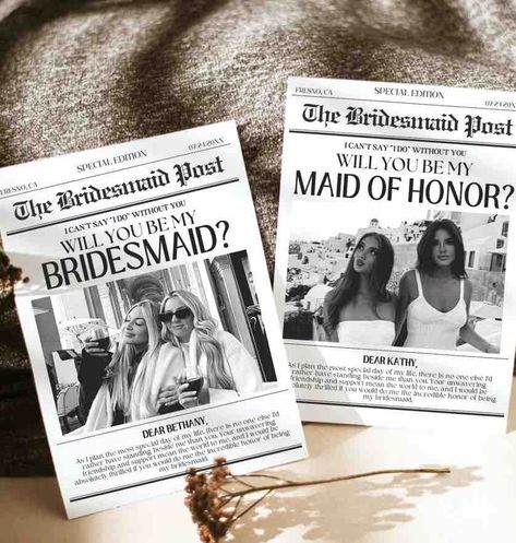 10 Ultimate Bridesmaid Proposal Boxes Traditional Heels, Bridesmaid Info Card, Wedding Ranch, Bridesmaids Gown, Flower Girl Proposal, Wedding Brand, Be My Bridesmaid Card, Vintage Bridesmaids, Wedding Newspaper